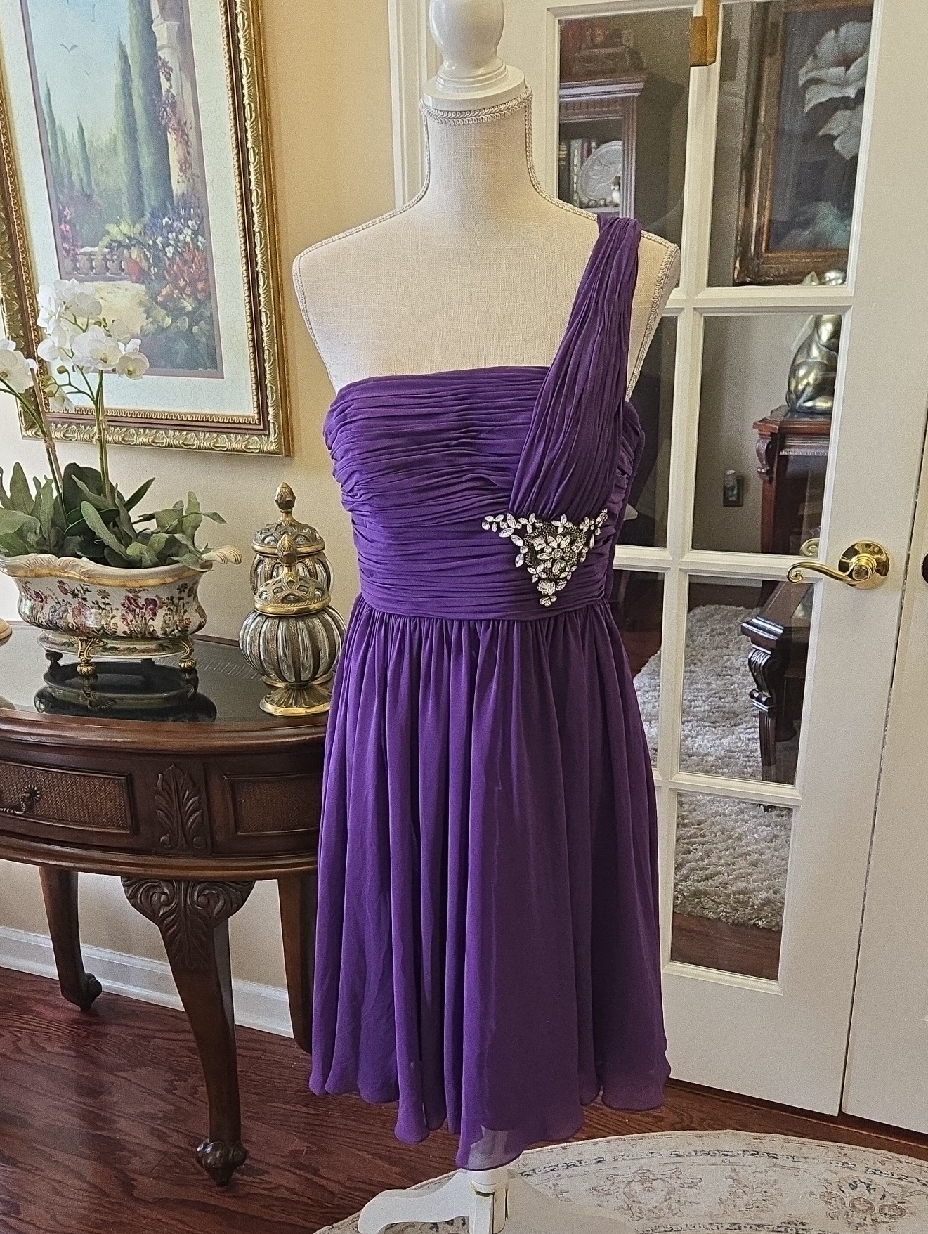 Milano One-Shoulder Purple Cocktail Dress Jewel Accent Built In Padded Bra L New